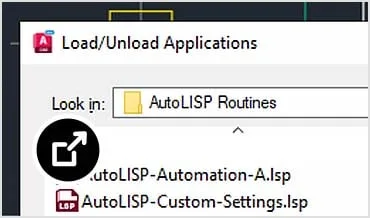 在 AutoCAD 中開啟「載入和卸載應用程式」對話方塊，並有四個 AutoLISP .LSP 檔可供載入。