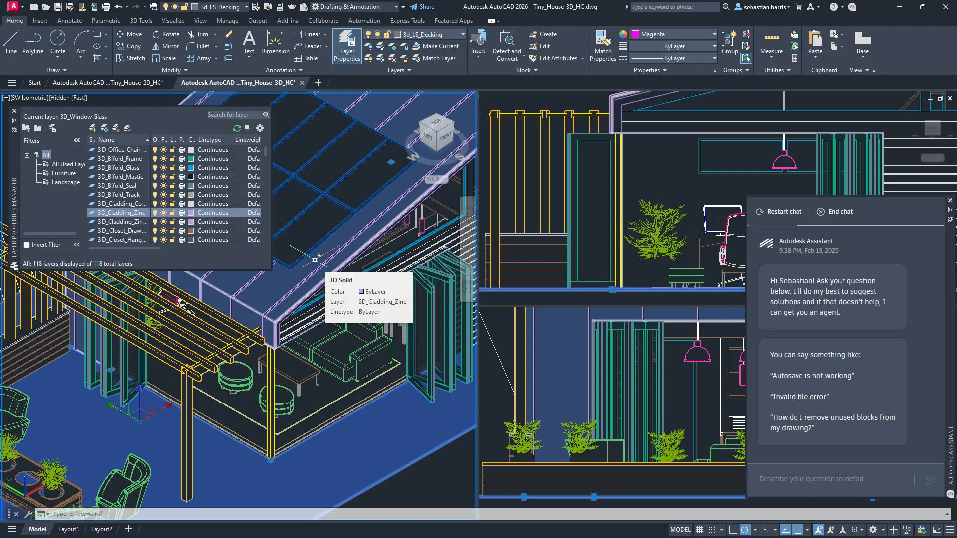 AutoCAD 中採取 2D 和 3D 建模的建置配置外部線架構,同時開啟 Autodesk Assistant 交談視窗