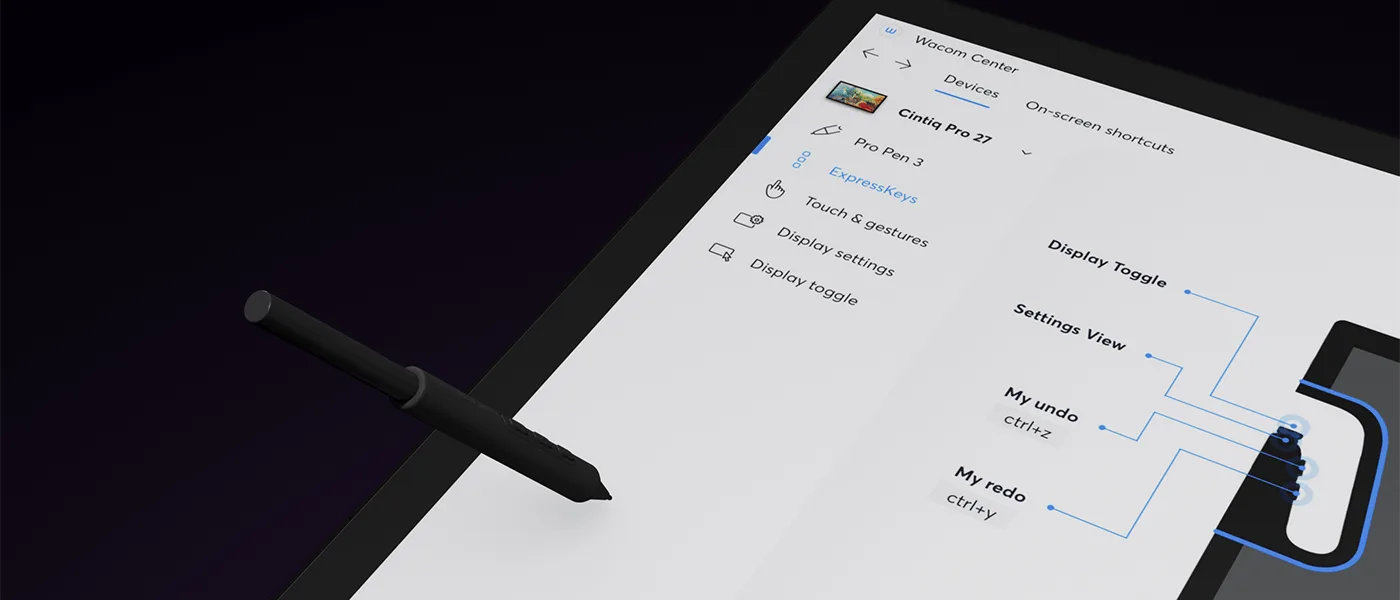 Wacom Pro Pen 3 與螢幕上的設定介面