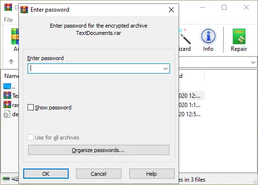 WinRAR 開啟加密壓縮檔時的輸入密碼視窗