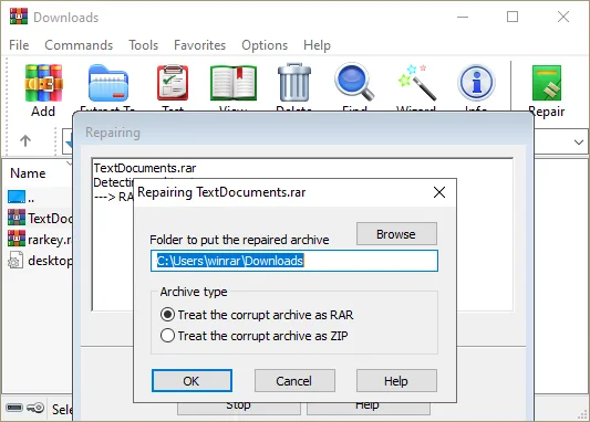 WinRAR 修復壓縮檔的視窗,可選擇以 RAR 或 ZIP 格式處理